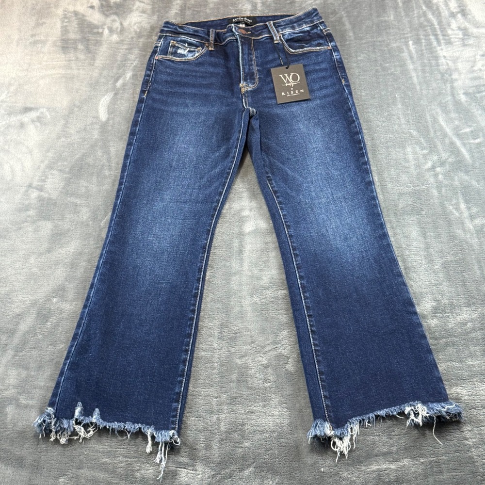 Wild Oak Boutique x Risen Jeans High Rise Distressed Fringe Hem Flare Size 5/27 - Picture 1 of 11